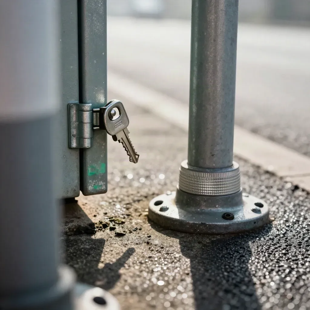 Närbild av låsmekanism, vägstolpe och reflektorbas vid en trottoarkant i morgondimma.