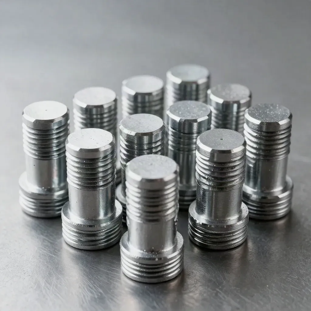 Aluminiumspacers, styrpinnar och kabeladapter i en ordnad metallgrid med hårt ljus